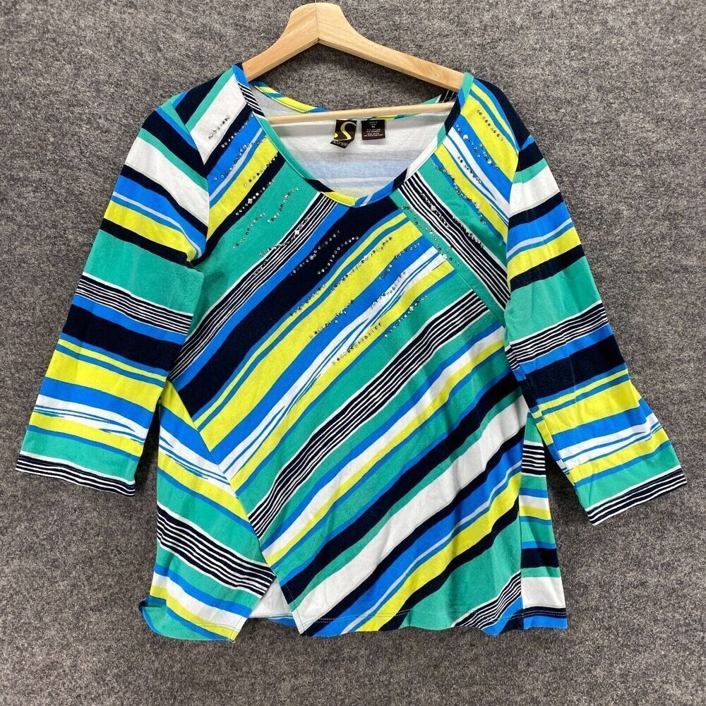 Spartelle Blouse Women M Medium Green Striped V-Neck 3/4 Sleeve Pullover Cotton